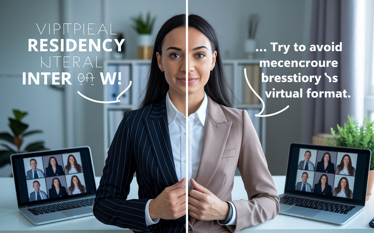 A visual comparison of two dress options for a virtual residency interview: on one side, a professional outfit showcasing a formal suit, and on the other side, a more casual attire that looks unprofessional. The setting is a home office with a laptop displaying a virtual meeting interface, emphasizing the importance of dressing appropriately in a virtual format.