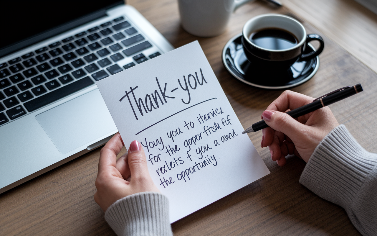 A beautifully arranged desk featuring a handwritten thank-you note placed next to a laptop, symbolizing the post-interview follow-up process. The note expresses gratitude and reflects on the interview, surrounded by a warm cup of coffee, evoking a sense of professionalism and appreciation for the opportunity.