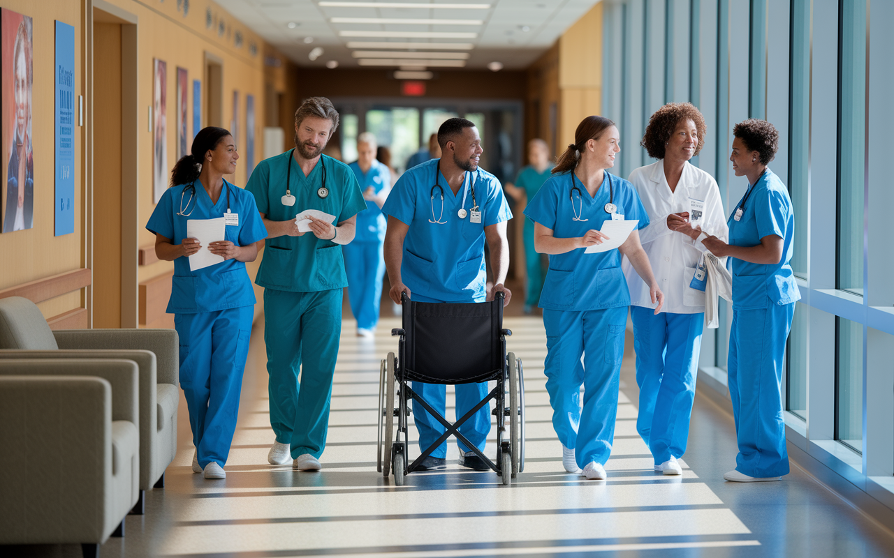 A diverse group of clinical volunteers in a lively hospital corridor, each engaging with patients and staff. One volunteer is taking notes, another is pushing a wheelchair, and a third is speaking with a family member. The scene conveys teamwork and collaboration, with healthcare posters on the walls and medical staff moving in the background. Natural light streams through large windows, creating a warm, inviting atmosphere.