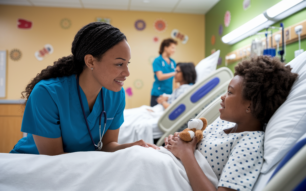 A close-up scene showing a clinical volunteer gently speaking with a young patient in a hospital bed. The volunteer is kneeling beside the bed, offering comfort while the patient holds a small stuffed animal. The room is bright, decorated with cheerful motifs, conveying a sense of warmth and reassurance. Caregivers are seen in the background attending to other patients, enhancing the vibrant healthcare environment.