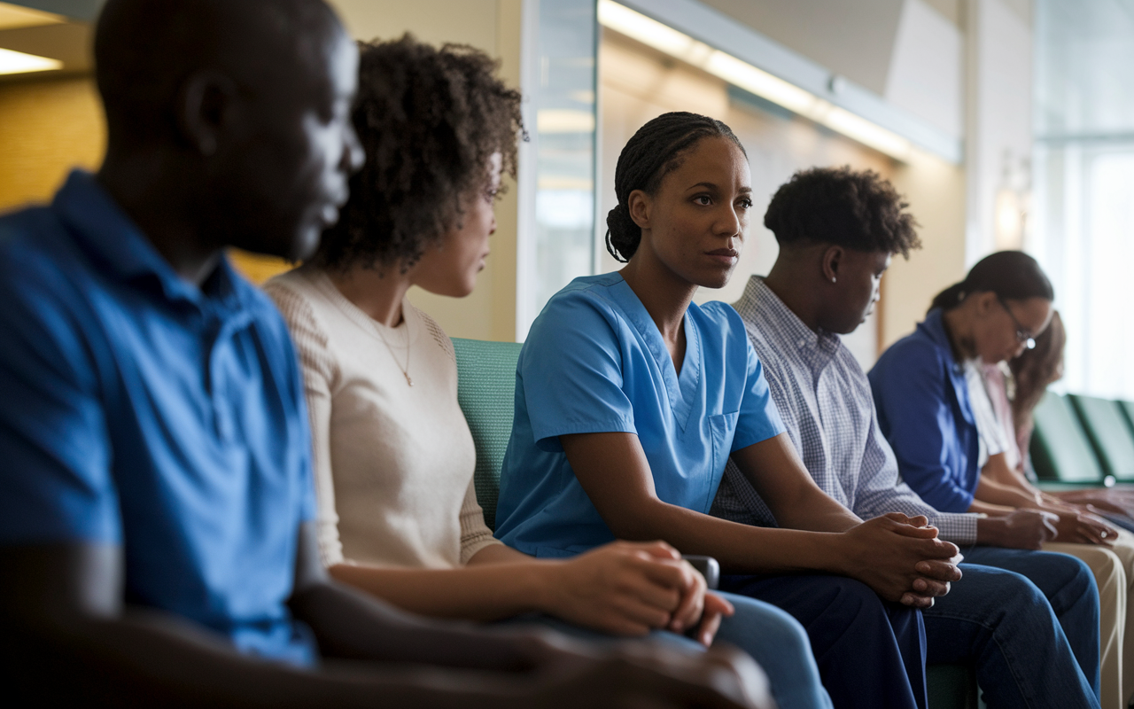 A powerful scene depicting a clinical volunteer comforting a distressed family in a hospital waiting area. The volunteer is offering a listening ear while other families are also present, showcasing the emotional landscape of healthcare environments. Soft ambient lighting enhances the somber yet hopeful atmosphere, emphasizing the support and resilience found in these moments.