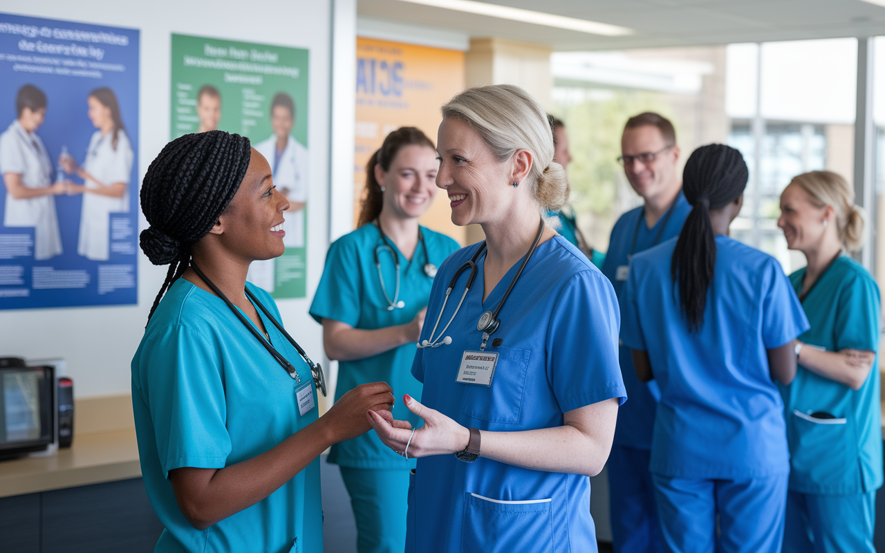 An engaged volunteer having a conversation with an experienced nurse in the staff break room. Behind them, various healthcare posters are visible, and other volunteers are seen discussing their experiences. The setting is bright and welcoming, with a sense of camaraderie among healthcare workers. The lighting reflects a friendly, encouraging atmosphere conducive to mentorship.