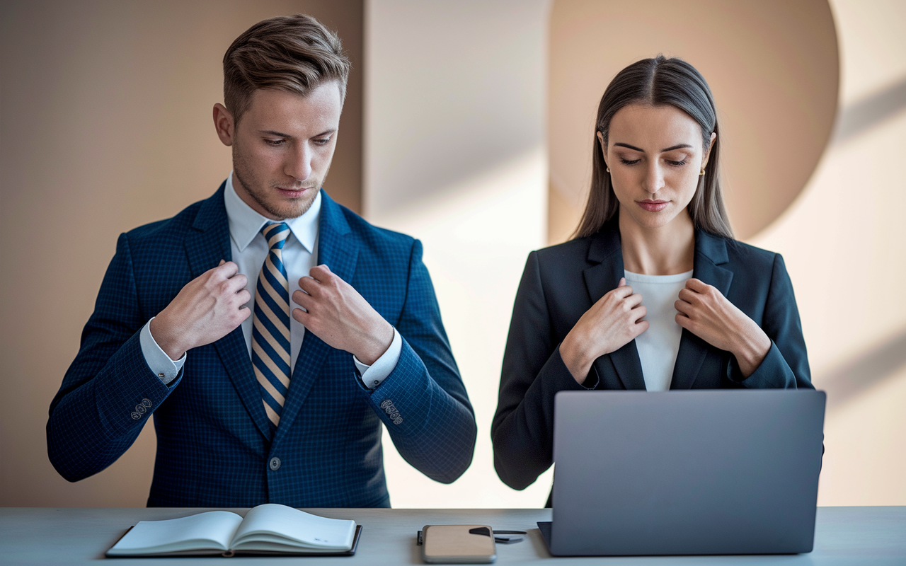 Two candidates, one male and one female, dressed in professional attire for a video interview; the male is in a tailored suit with a tie, and the female in a smart blazer. Both are confidently adjusting their clothing as they prepare in front of a laptop, with neutral tones in the background that keep the focus on them. Soft lighting creates a polished, professional atmosphere.