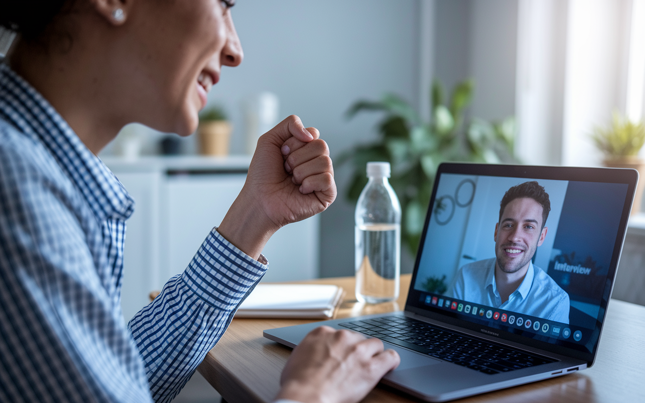 A close-up of a candidate successfully concluding their video interview, with a confident smile and an open laptop displaying the interview session ending. The well-lit room features professional decor and a water bottle on the desk, suggesting a prepared environment. The candidate appears relaxed and relieved, portraying the feelings of accomplishment and readiness for the next steps.