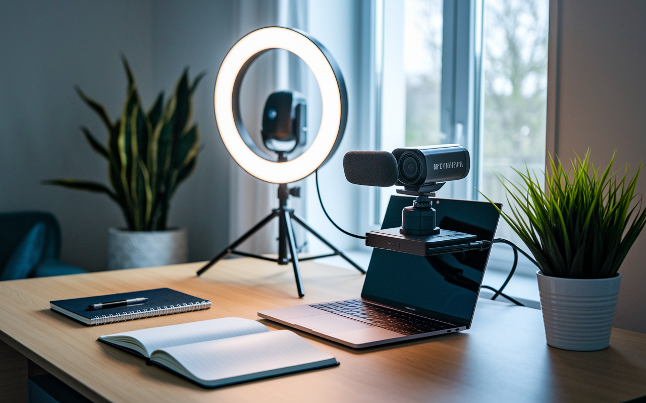 An inviting home office with advanced interview setup. A high-definition external webcam sits atop a sleek laptop, surrounded by a professional microphone and a ring light for optimal illumination. The desk is well-organized, with an open notebook and a potted plant adding character. Soft, natural light streams in through a window, highlighting the focus on interview readiness.