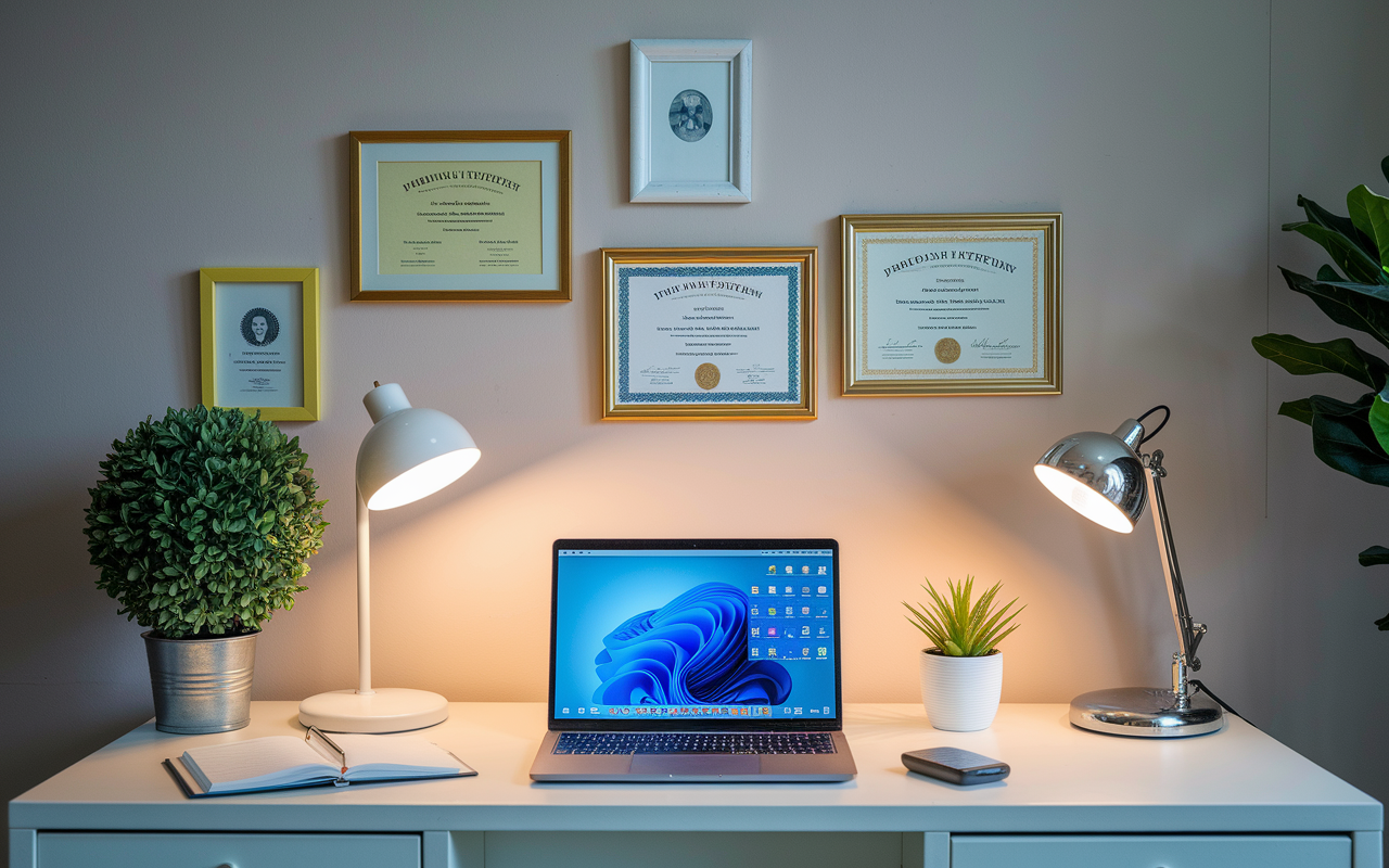 A well-organized and professional virtual interview space featuring a neutral background and personalized decor. The setting includes a tidy desk with a laptop displaying a professional interface, framed certificates on the wall, and a small potted plant adding life to the scene. Soft, warm lighting creates a polished and engaging atmosphere for the virtual interview.