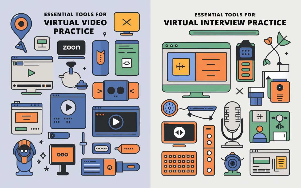 A colorful infographic displaying essential tools for virtual interview practice, arranged in sections. On one side, screenshots of popular video conferencing platforms like Zoom, Microsoft Teams, and Google Meet. On the other side, images of recording software interfaces like Screencastify and OBS Studio, along with high-quality microphones and webcams. Incorporate vibrant icons and easy-to-read layout, set against a clean white background for clarity.