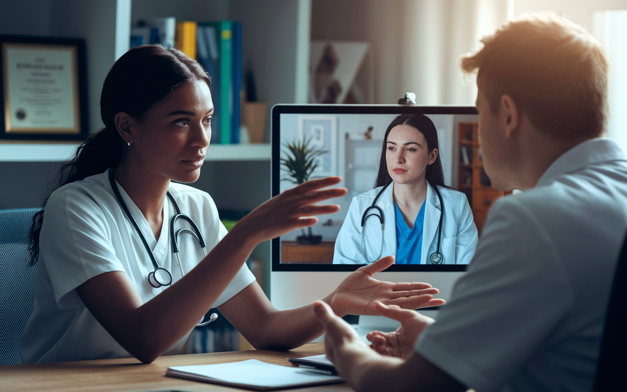 A depiction of two medical professionals engaging in a mock interview over a video call. One is sitting in a home office with a focused expression, while the other is on-screen, providing feedback. The backdrop shows items reminiscent of a medical setting, such as framed degrees and books on medicine. Soft, warm lighting creates an inviting atmosphere, emphasizing the professionalism and seriousness of virtual interview practice.