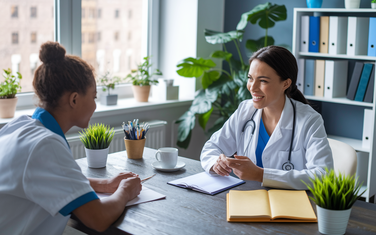 A cozy room setting showing two medical residency candidates engaged in a mock interview via video conferencing. The first candidate is answering with confidence, while the second is leaning in, actively listening. Elements of a home office like a desk, potted plants, and medical books create an authentic workspace atmosphere. Bright but soft lighting enhances the natural feel of the scenario.