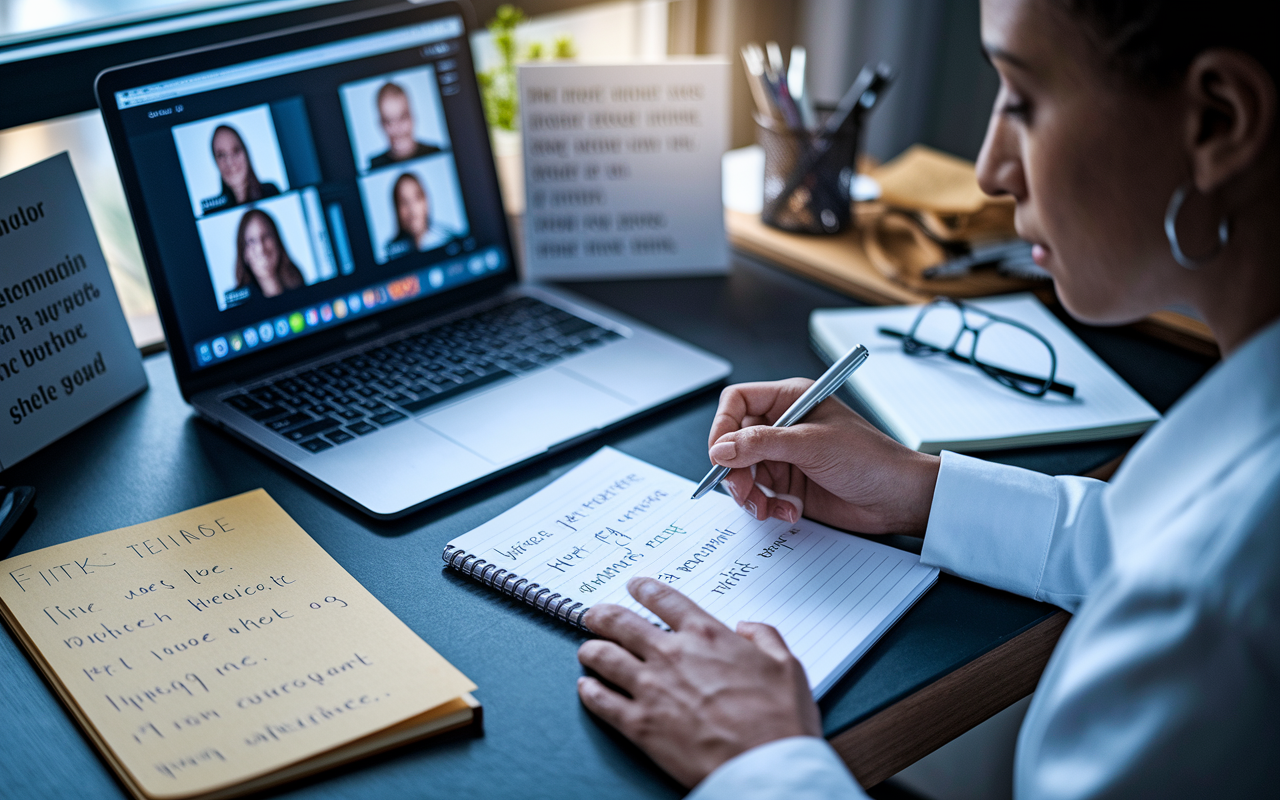 A focused scene depicting a candidate preparing for an interview by crafting their personal narrative on a notepad at a desk. The desk is adorned with inspirational quotes, a laptop displaying video call software, and notes about their journey in medicine. The ambient lighting is soft, creating an atmosphere of introspection and preparation. The candidate's expression shows determination and focus.