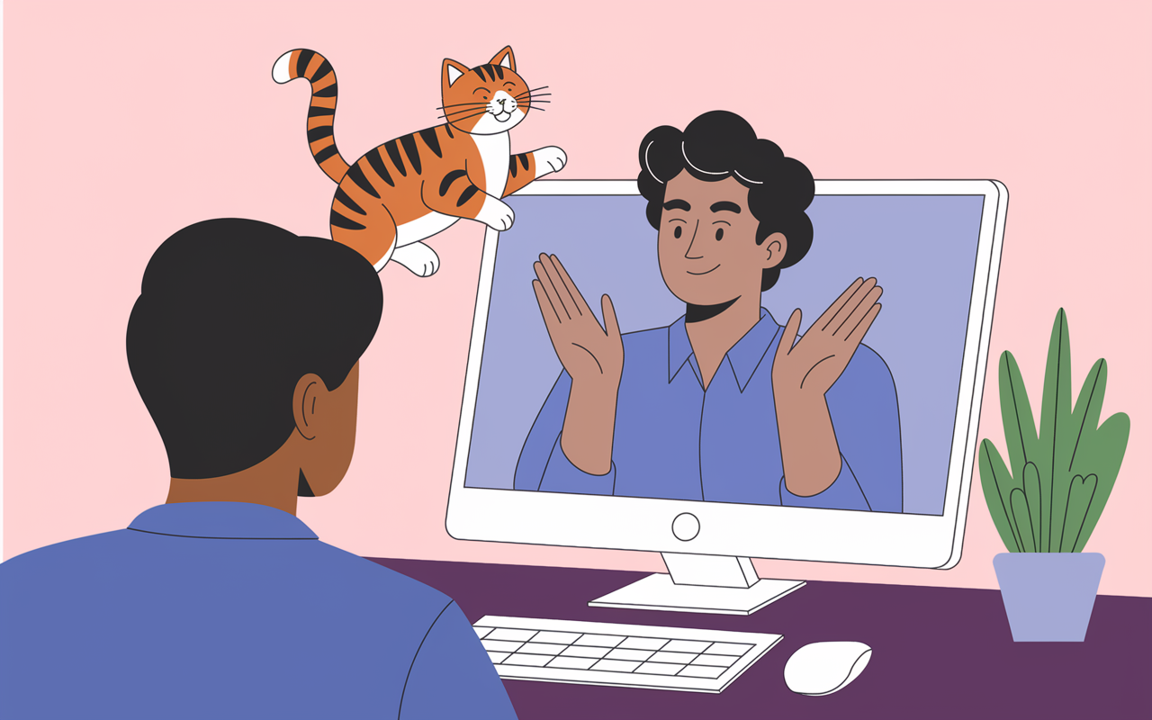 An illustrative scene depicting a candidate dealing with an unexpected distraction during a virtual interview—a playful cat jumping into the frame. The candidate is calmly using gestures to excuse themselves while smiling politely at the interviewer on the screen. This scene conveys the reality of home environments and the necessity for maintaining composure and professionalism.