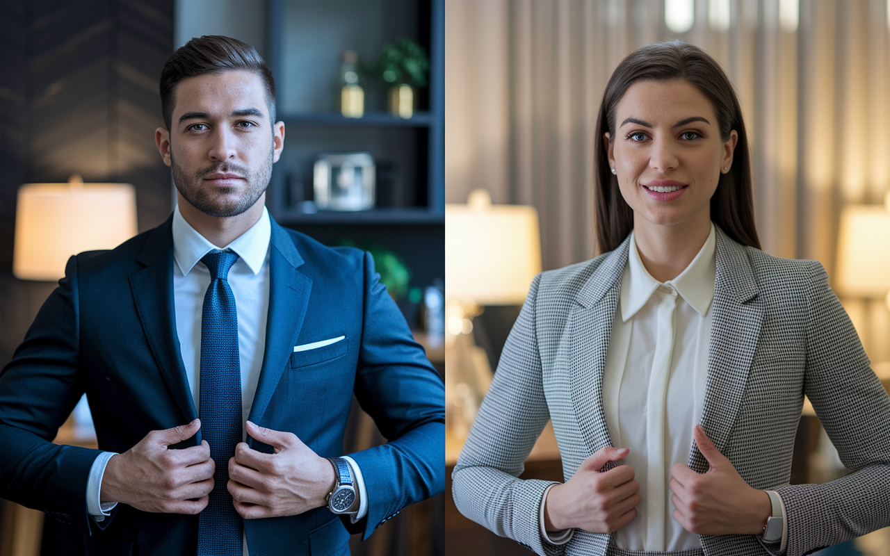 A split-screen image showing two types of virtual interview attire: on one side, a formal male candidate in a tailored suit and on the other side, a female candidate in a smart business casual outfit featuring a blouse and tailored trousers. Both candidates are in home office settings, exhibiting confidence and readiness. The left side has a sophisticated ambiance with a crisp tie, and the right side features soft lighting, emphasizing a professional but relaxed look.