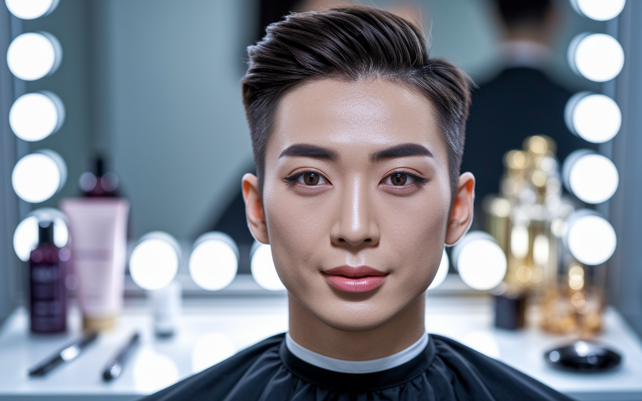 A close-up shot of a well-groomed individual preparing for a virtual interview. The person has neatly styled hair and subtle makeup that enhances natural features. The background is softly blurred, focusing on the individual's face that conveys confidence and professionalism. Assorted grooming products like hair styling gel and a subtle fragrance bottle are tastefully arranged on a clean vanity desk, creating an atmosphere of readiness.