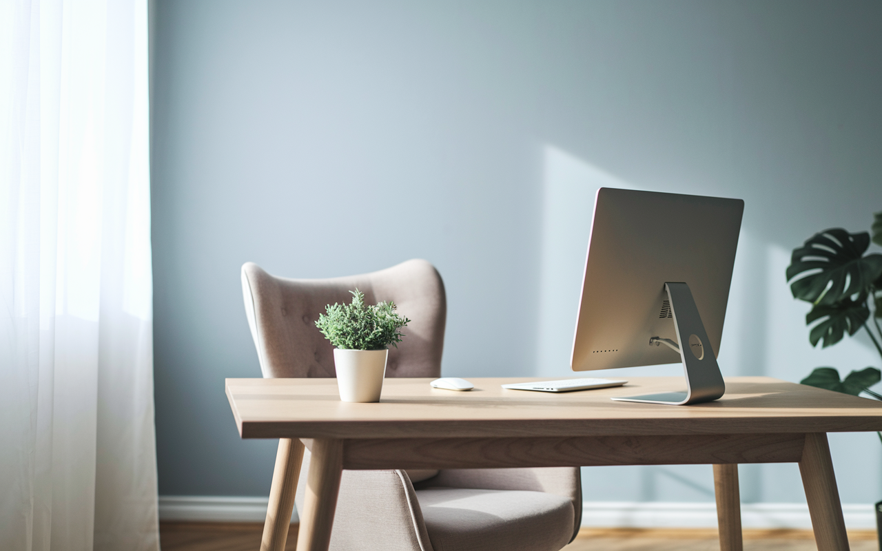 A serene, uncluttered home office setup inside a well-lit room, showcasing a clean, light-colored wall in the background. There is a stylish desk with a laptop or computer positioned at eye level, ready for a virtual interview. A cozy chair and a simple plant on the desk add to the inviting atmosphere, emphasizing the importance of a distraction-free environment. Soft, natural light from a nearby window enhances the overall ambiance.