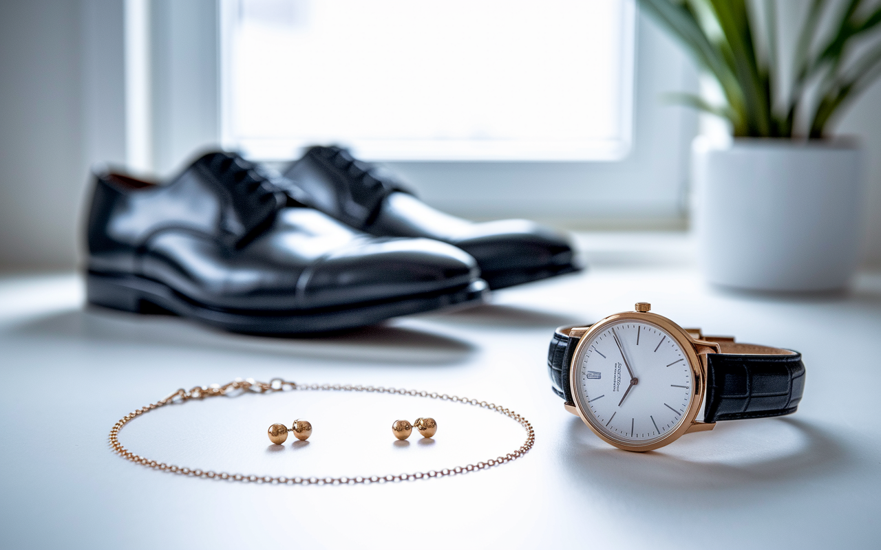 An elegant display of professional interview accessories including minimal jewelry like stud earrings and a classic watch laid on a clean surface. In the background, there is a polished pair of dress shoes, symbolizing a complete and ready appearance for a virtual interview. The setting is bright and well-organized to indicate thoughtfulness and attention to detail, creating an environment that inspires confidence.