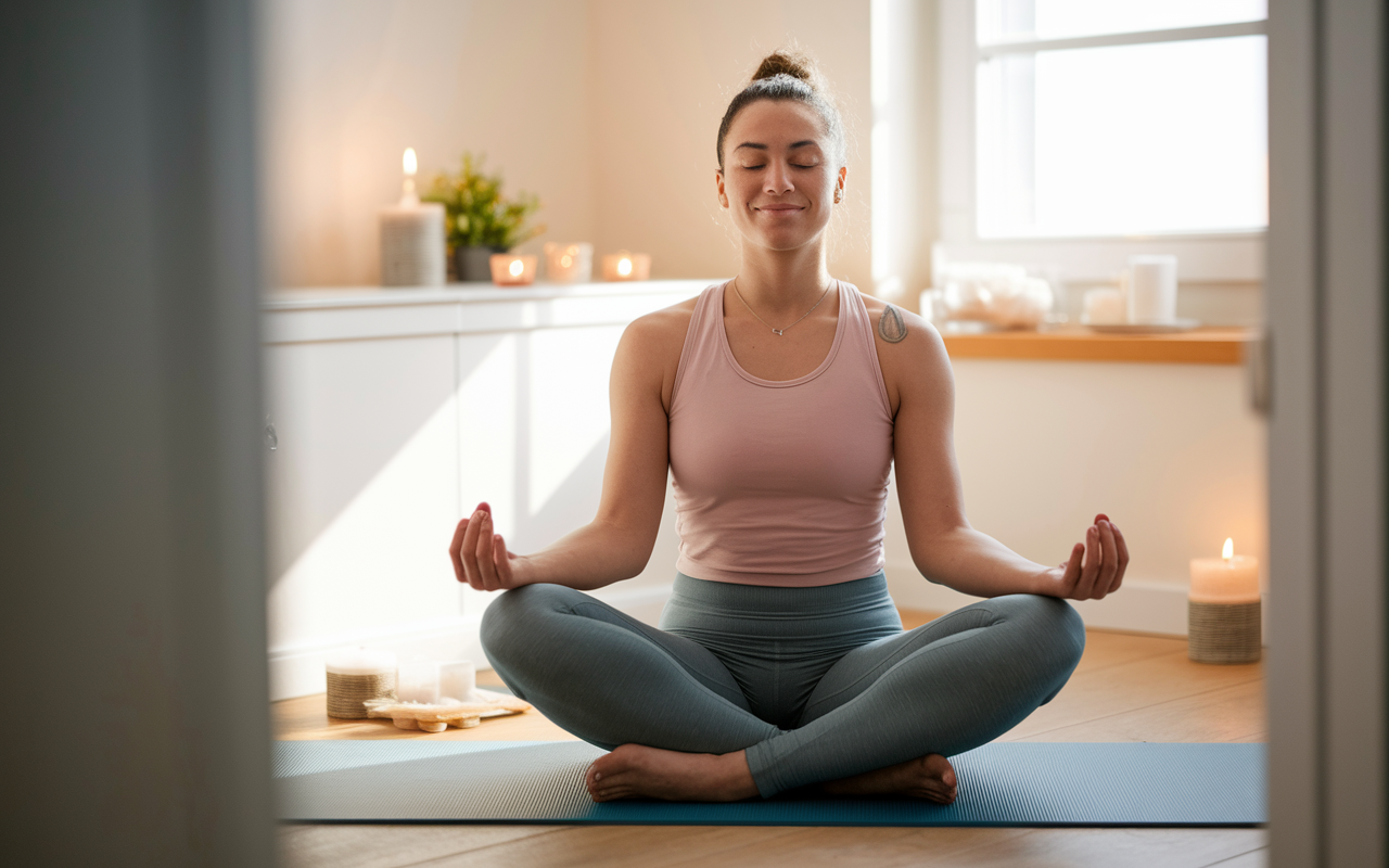 An individual sitting cross-legged on a yoga mat, practicing mindfulness meditation in a peaceful corner of their home. Soft, warm sunlight filters through a window, highlighting a serene atmosphere. The person appears calm, with their eyes closed and a gentle smile, surrounded by items that promote tranquility, like candles and a small plant. This image captures a moment of inner peace and focus, representing preparation for handling pre-interview stress.