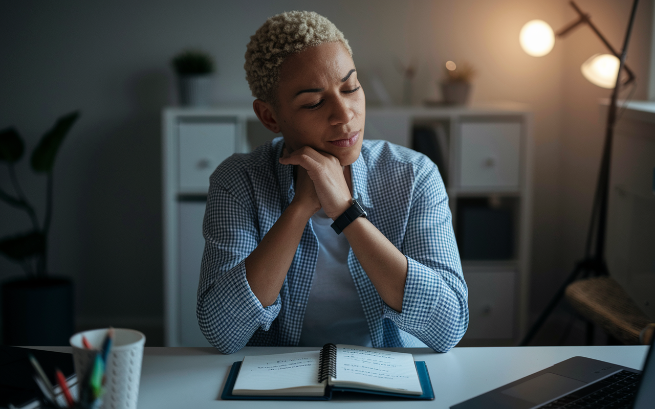 A person sitting at a desk after a virtual interview, reflecting on their performance with a thoughtful expression. The workspace is organized, with a notebook open showing notes from the interview. Soft evening light envelops the scene, creating a calm and contemplative atmosphere. The individual looks inspired, integrating lessons learned while feeling accomplished, showcasing a moment of personal growth and reflection.