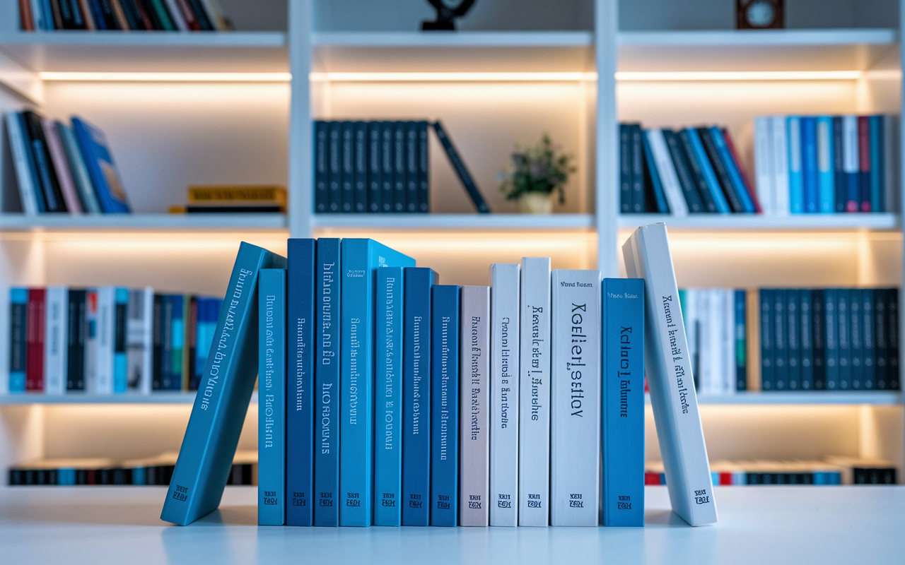 An organized bookshelf in a home office, showcasing a selection of medical books and a few personal items that convey a sense of academic dedication. The shelves are neatly arranged, with a couple of books standing upright and others stacked horizontally, creating an inviting and professional ambiance. The background is illuminated by soft lighting, enhancing the appeal of the displayed books.