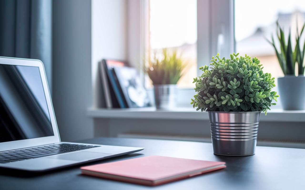 A cozy home office corner, featuring a small potted plant on a desk, adding a splash of color and warmth to the room. The plant's vibrant green leaves contrast beautifully with the neutral decor of the office. Soft light filters through a window, creating a serene and inviting atmosphere that enhances the overall aesthetic of the workspace.