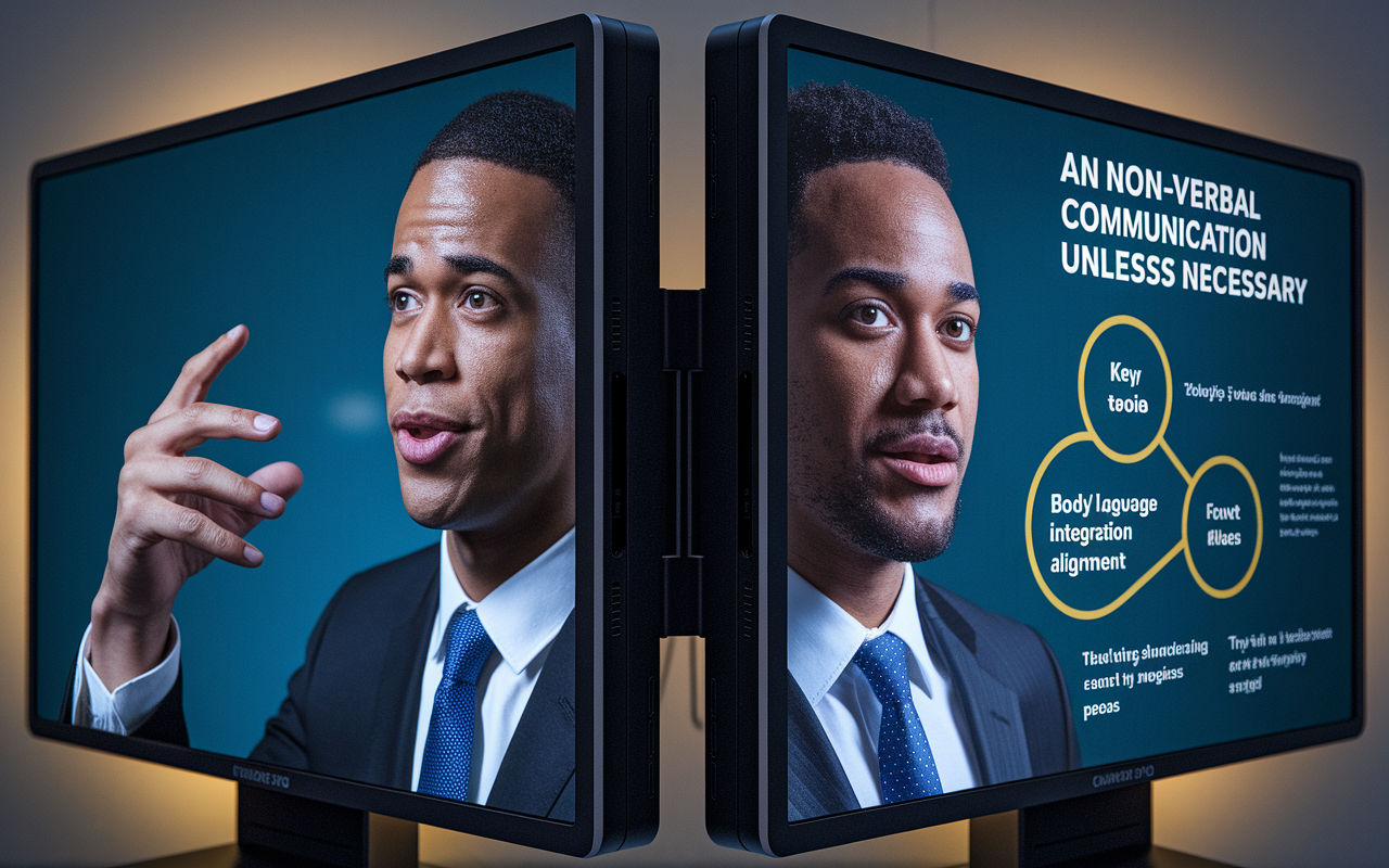 A close-up view of two candidates on separate screens, one displaying dynamic hand gestures that complement their speech while the other appears distracted with excessive movement. The glow of the screens illuminates their faces, capturing expressions of enthusiasm and focus. An infographic element beside them outlines key non-verbal communication strategies like body language integration and gesture alignment.