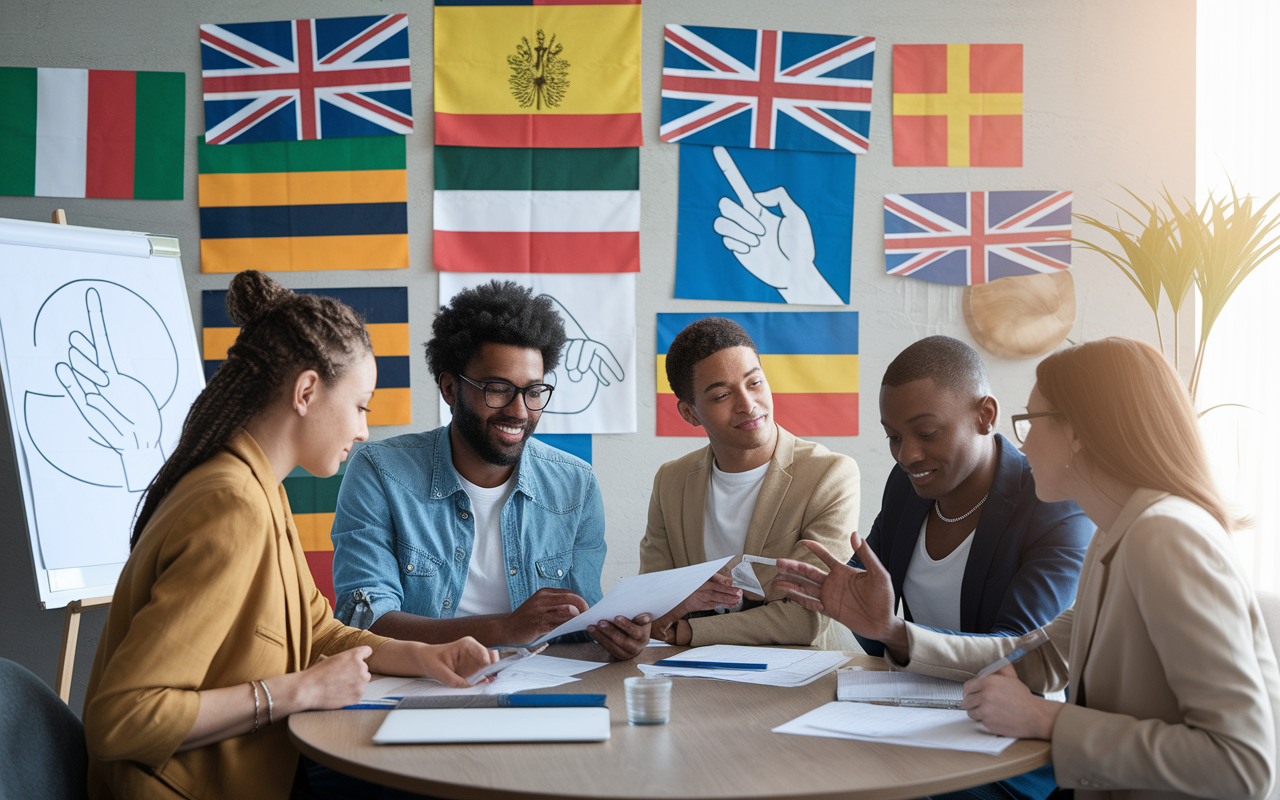 A visually engaging scene depicting a diverse group of candidates preparing for a virtual interview, studying cultural norms from different regions. The room is filled with flags from various countries, and charts showing gestures' meanings. Soft, warm lighting creates an inviting atmosphere, highlighting the candidates' focused expressions as they engage in discussions on appropriate non-verbal cues across cultures.