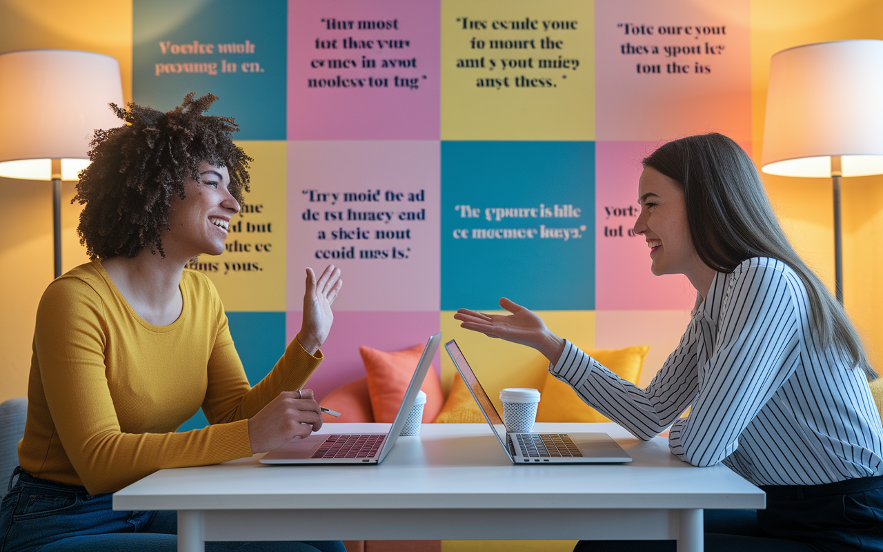 A dynamic scene of two friends conducting a mock virtual interview, sitting in a brightly lit room with a laptop set between them. One candidate is presenting confidently, with appropriate gestures, while the friend observes, taking notes. The background features a colorful wall with motivational quotes and accessories, symbolizing a supportive environment. Warm lighting enhances the collaborative atmosphere.