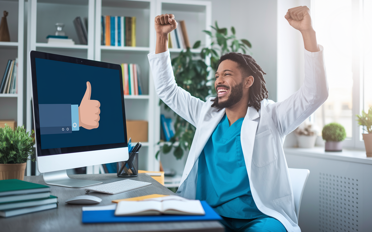 A triumphant candidate celebrating after a successful virtual interview, with a computer screen showing a thumbs-up from the interviewer. The room is filled with personal touches reflecting their personality and profession, like medical books and accolades. Bright, uplifting lighting emphasizes the mood of achievement, creating an inspiring visual of success in the virtual interview landscape.