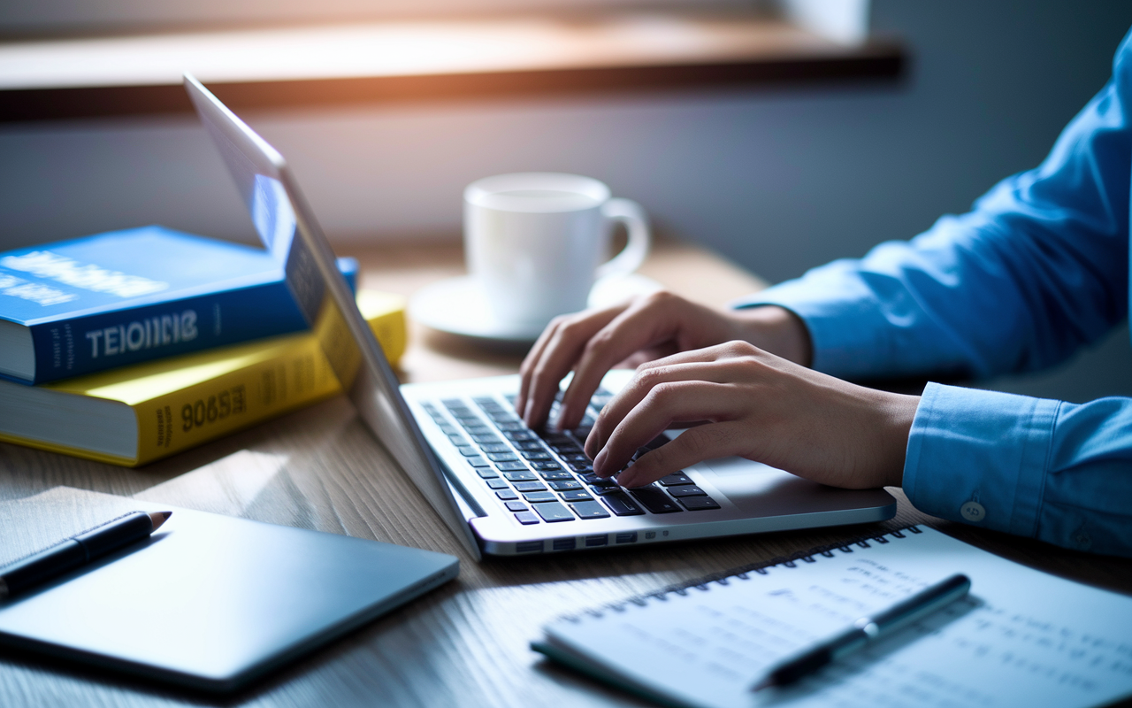 A close-up view of a person crafting a thank-you email on their laptop, showing active fingers typing. The workspace is organized with a medical textbook, a coffee mug, and a notepad with handwritten notes. The background features soft, warm lighting that conveys a sense of urgency and professionalism, while a window shows soft daylight, creating a serene atmosphere for productivity.