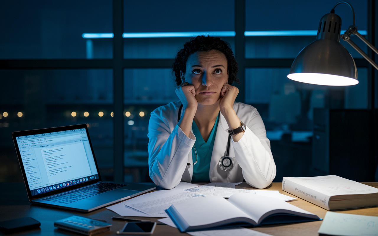 An introspective medical professional sitting at a desk late at night, surrounded by dim lighting, pondering follow-up strategies after a residency interview. The face shows determination and hope, with medical books and notes scattered around. A laptop open with an email draft visible, symbolizing the importance of communication. The scene captures a quiet, reflective atmosphere filled with ambition.