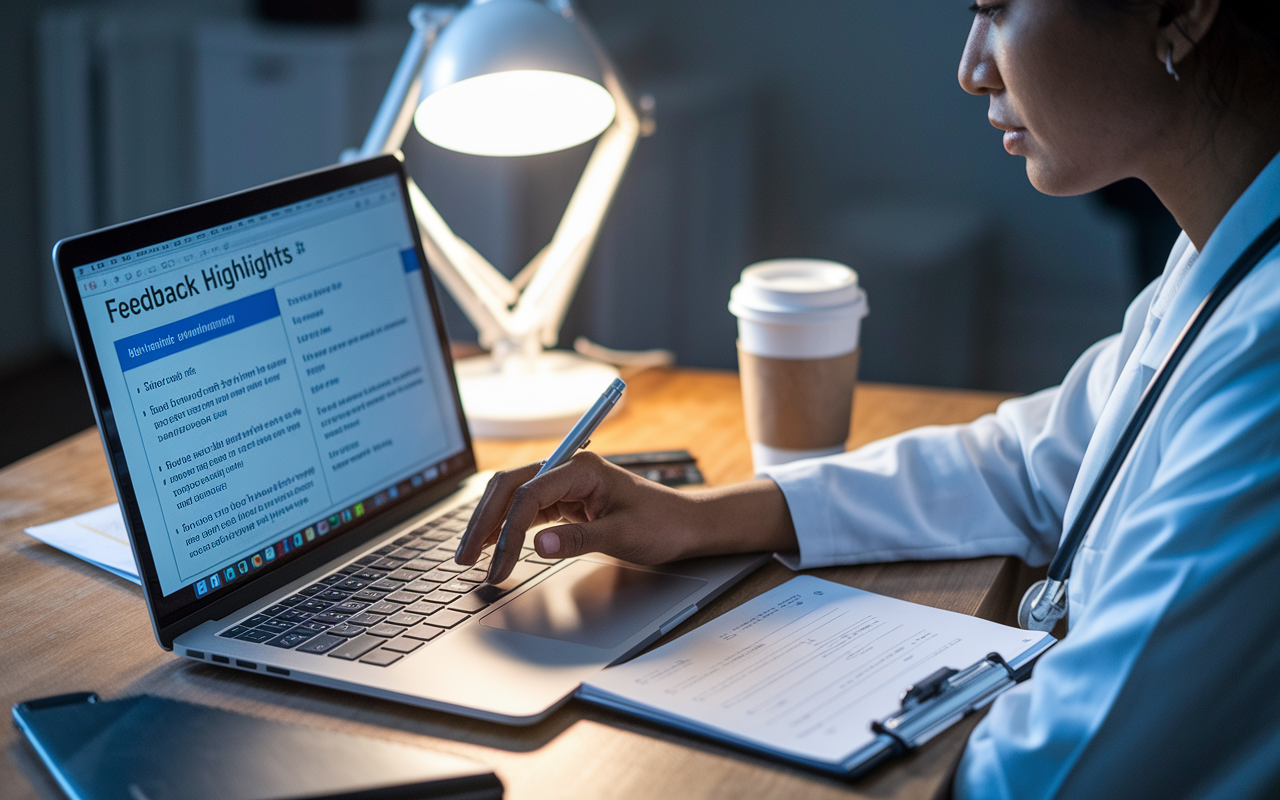 A close-up scene depicts a medical candidate reviewing feedback notes on their laptop after a virtual interview. The candidate, a South Asian woman, appears focused and reflective, with a coffee cup and stationery scattered on the desk. The screen displays feedback highlights and an overview of interview questions. Atmospheric lighting, with a slightly warm glow from a desk lamp, emphasizes the serious yet hopeful mood of self-improvement.