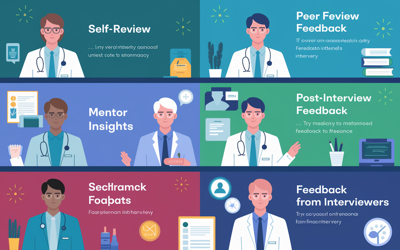 An infographic-style depiction showing various forms of feedback relevant to virtual interviews. Illustrated icons represent self-review, peer feedback, mentor insights, post-interview feedback, and feedback from interviewers. Each icon is in a bright, engaging style with color coding, set against a backdrop of a medical-themed workspace. Elements of transparency and layering enhance the information delivery, conveying an organized approach to feedback utilization.