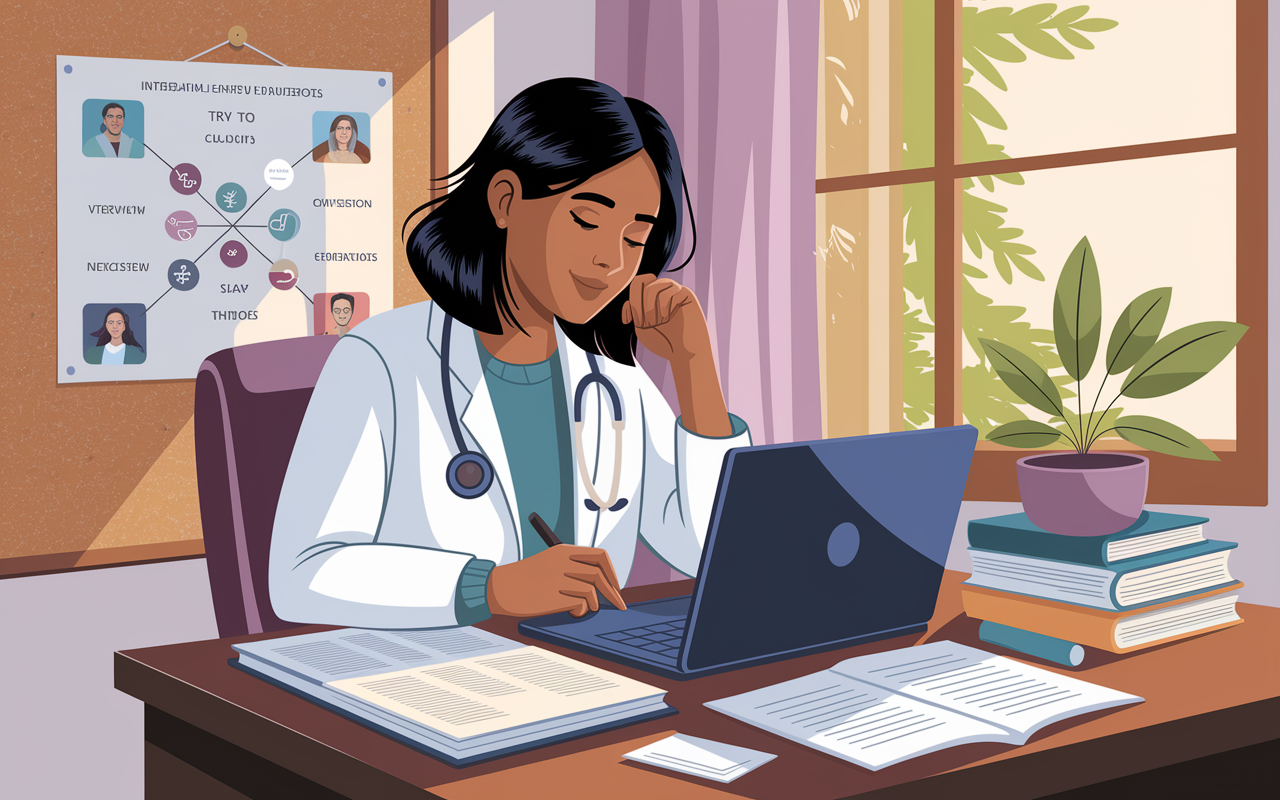 A relatable narrative illustration showing Sarah, a determined medical candidate, reflecting post-interview on her laptop in her cozy study room. She looks inspired while jotting down notes from the feedback received, surrounded by medical textbooks and a visual map of her aspirations pinned on a corkboard. Soft sunlight floods through a nearby window, symbolizing hope and clarity as she works on integrating personal anecdotes into her interview strategy.