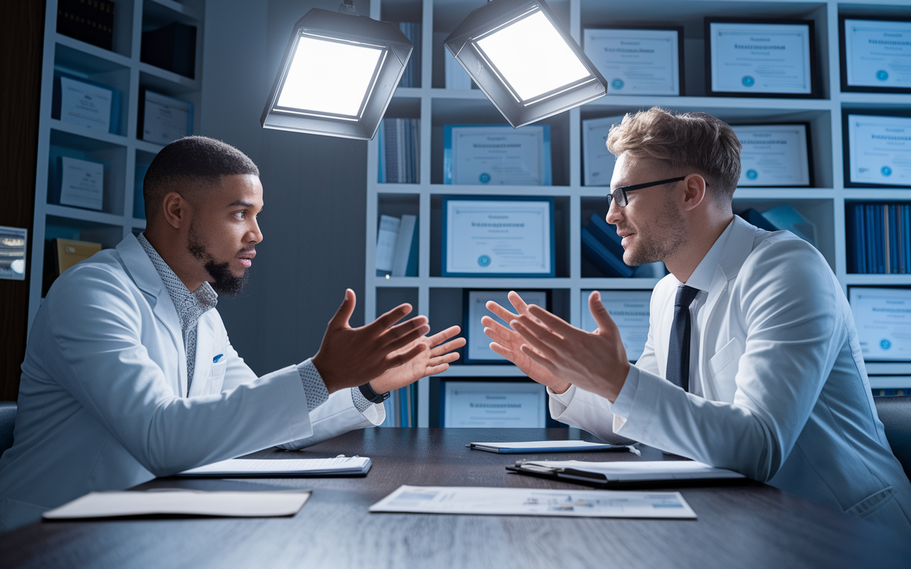 An action scene illustrating Michael engaged in a mock interview session with a mentor in a well-structured room filled with medical certificates and books. Michael, appearing more confident, gestures expressively as he speaks, while his mentor provides real-time feedback with supportive body language. Bright overhead lighting accentuates their focused expressions, showcasing the mentorship dynamic and the impactful nature of effective communication.