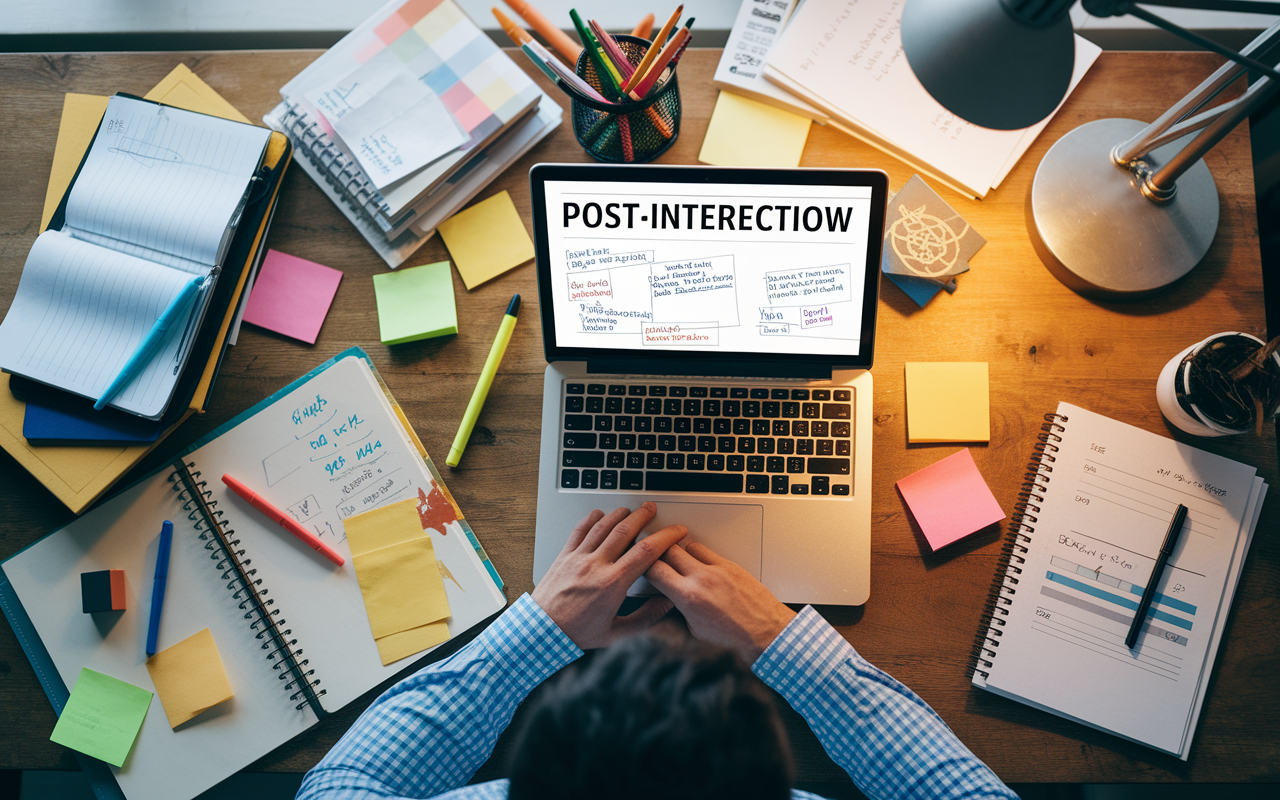 An overhead view of a candidate's desk cluttered with notes and an open laptop displaying a detailed post-interview reflection. The desk is organized with highlighters, sticky notes, and a planner, showcasing an action-oriented environment. The scene is brightly lit, with the warm glow of a desk lamp illuminating the reflective process, encapsulating the spirit of proactive self-improvement and strategic planning after interviews.