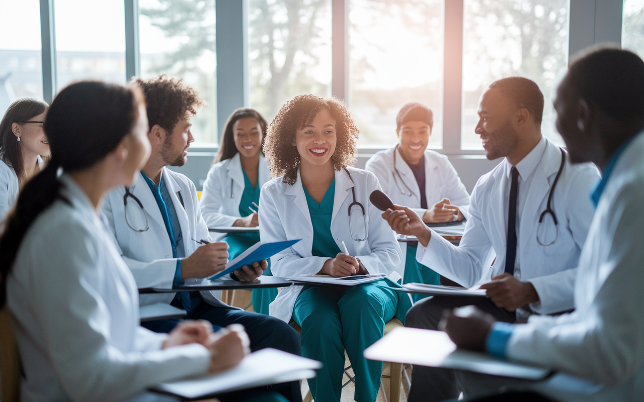 A lively scene depicting a diverse group of medical students participating in a mock interview session. They sit in a relaxed classroom setting, engaging with each other, while one student is being interviewed by a peer who takes notes. Lively expressions and collaborative energy convey a supportive atmosphere. Soft afternoon light filters through large windows, adding a sense of camaraderie and teamwork as they enhance each other's interview skills.