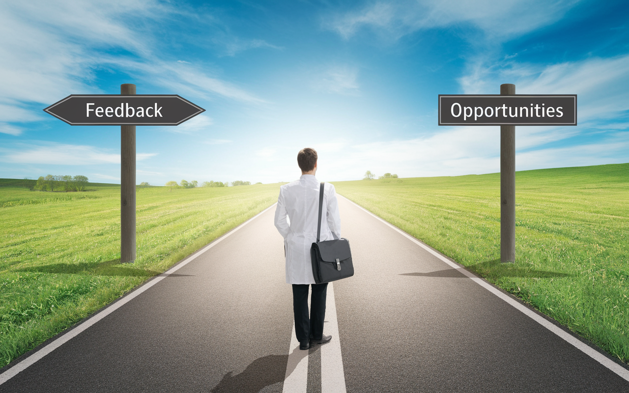 A panoramic view of a medical candidate standing at a crossroads resembling a long road ahead, symbolizing their journey in medicine. Two paths lead to a bright horizon, with signposts indicating 'Feedback' and 'Opportunities'. The candidate, equipped with a laptop bag and notepad, looks thoughtfully at the paths, surrounded by lush greenery and a clear blue sky, signifying hope and potential. This composition reflects the proactive approach towards utilizing feedback in future endeavors.