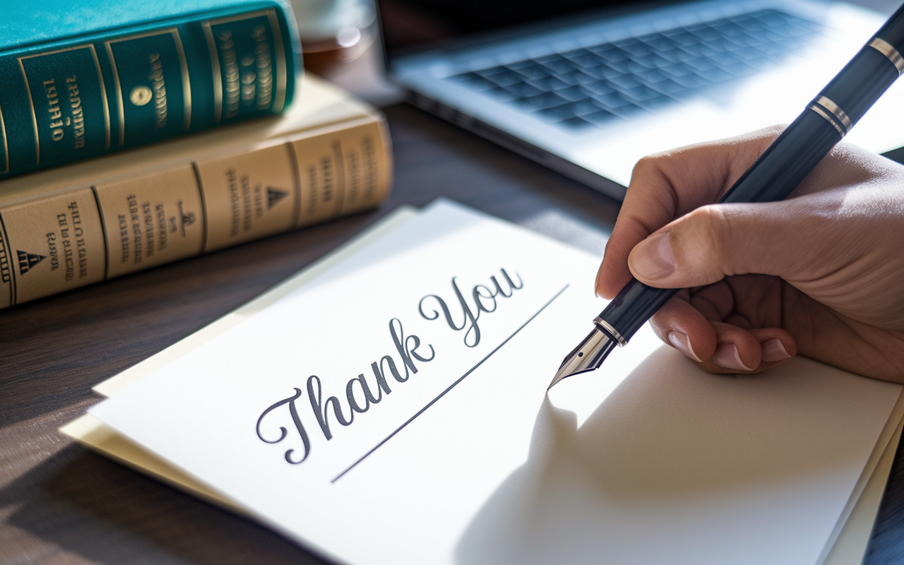 A close-up of a thank-you note being written with a fountain pen on elegant stationery, with the header 'Thank You' clearly visible. The background shows a softly blurred desk filled with medical books, a laptop, and a cup of tea. Warm, inviting lighting casts a golden glow over the note, symbolizing enthusiasm and sincere gratitude.