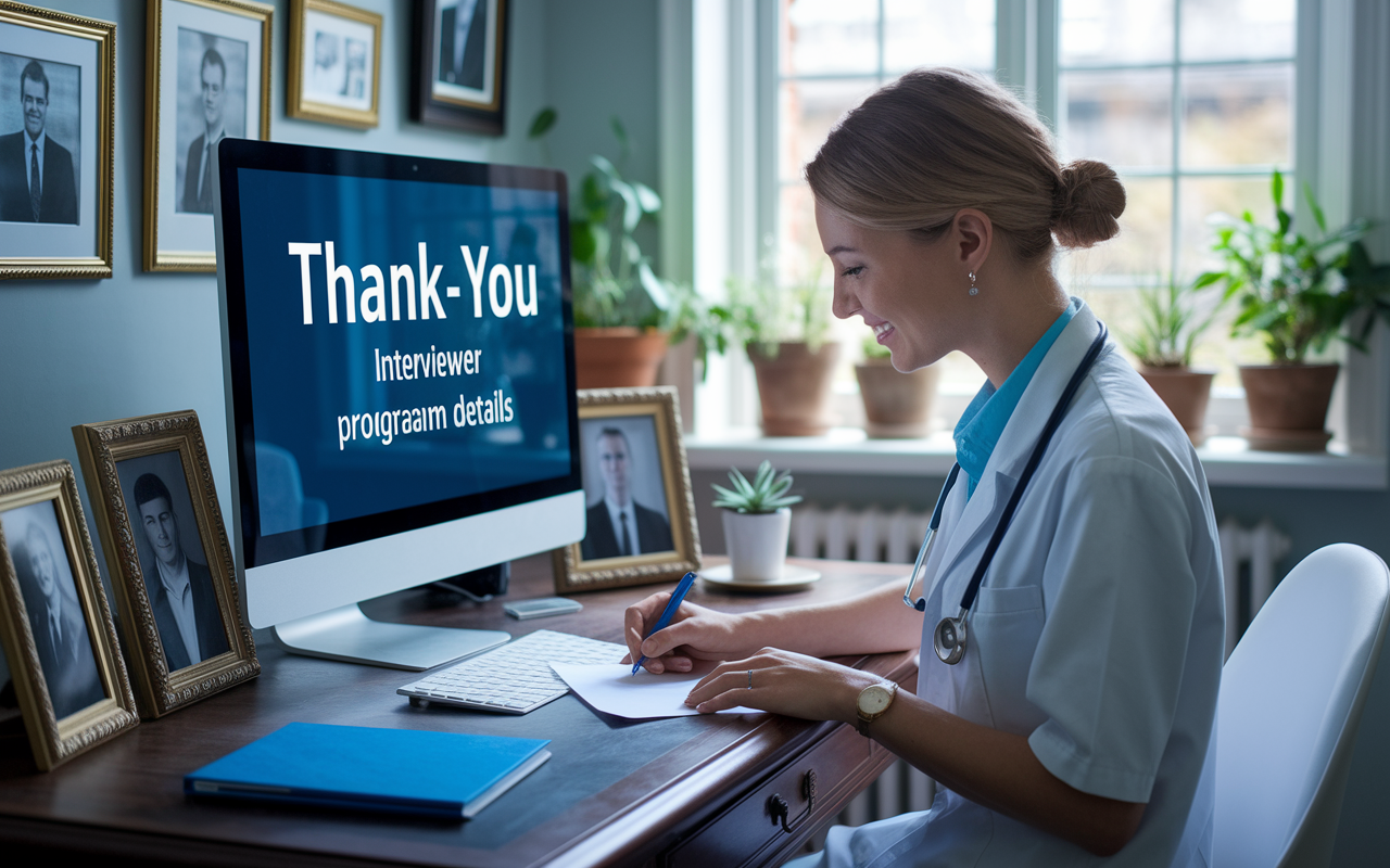 A vibrant scene of a young medical professional drafting a personalized thank-you note at a stylish desk, surrounded by framed photographs and potted plants. The screen reflects the interviewer's name and program details. Soft, natural light fills the room, enhancing the atmosphere of sincerity and warmth.