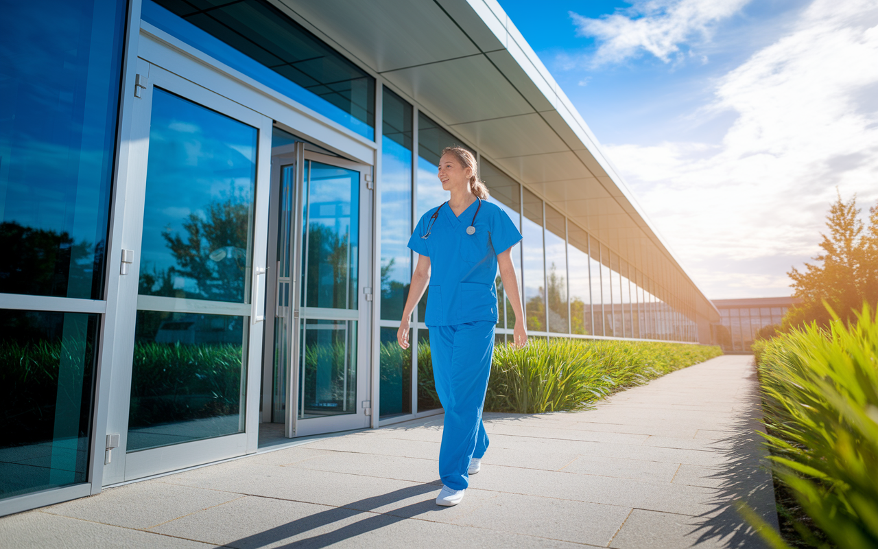 A serene scene of a young medical professional in scrubs entering a modern hospital building for a residency interview. The exterior design is sleek and inviting, with glass doors, and lush greenery lining the path. The sky is blue with soft clouds, and the sunlight casts a warm glow, symbolizing new opportunities. The professional’s expression reflects ambition and excitement, capturing the essence of hope and a promising career.