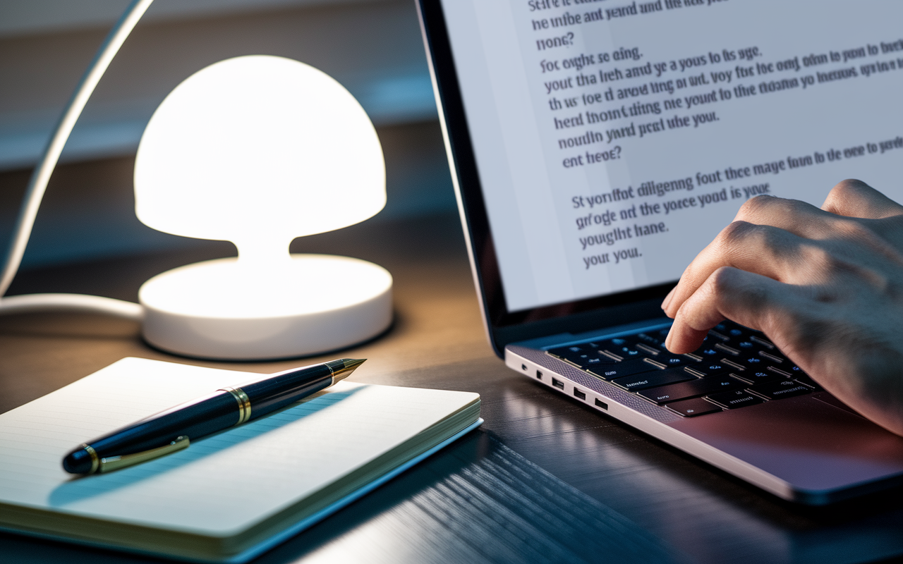 A magnified view of fingers typing on a laptop keyboard, focusing on a professional follow-up email being composed. Bright desk lamp illuminates the workspace, with a notepad and a beautiful pen lying beside the laptop. The focus is on a portion of the email expressing gratitude and interest, showcasing a thoughtful tone. Subtle warm lighting creates an inviting atmosphere, emphasizing diligence and attention to detail in writing.