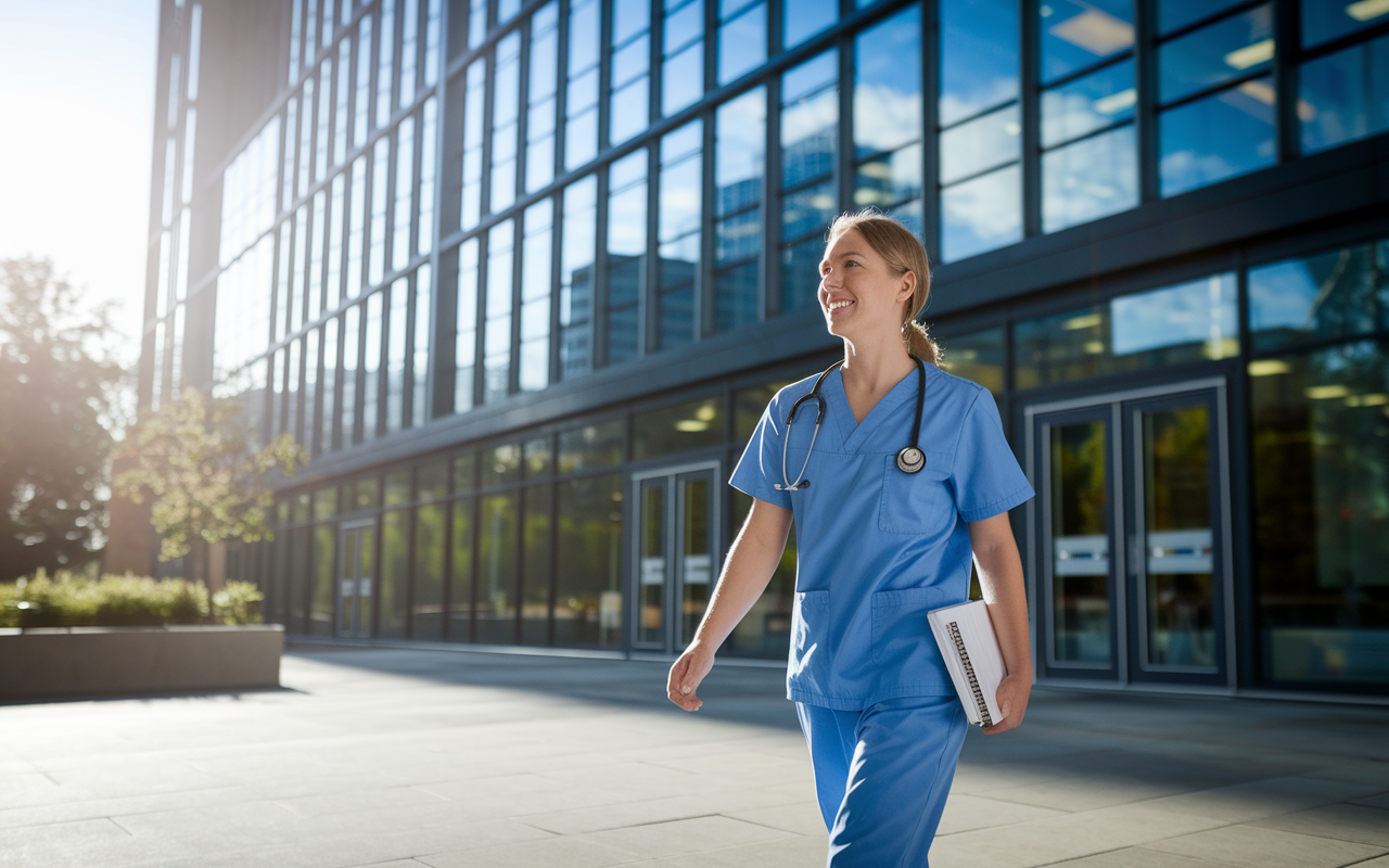 A hopeful medical candidate confidently walking out of a modern hospital after an interview, with a slight smile on their face. The building reflects a contemporary architectural style with glass windows. Soft beams of afternoon sunlight illuminate the scene, highlighting the candidate’s determination and aspirations. Papers tucked under one arm and a notepad in hand symbolize preparedness for the next steps in their medical journey.