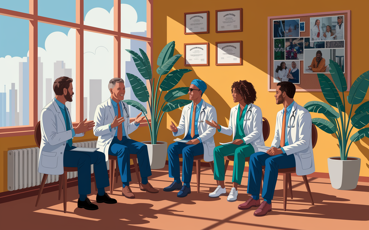 A vibrant scene depicting a warm, inviting interview room where a diverse group of medical professionals are engaged in conversation. The interviewers are animated, conveyed through expressive body language, while a candidate sits attentively, taking notes. Natural light streams through large windows, creating a welcoming ambience. The room is adorned with medical certificates, a bulletin board filled with community service images, and a potted plant, symbolizing growth and collaboration.