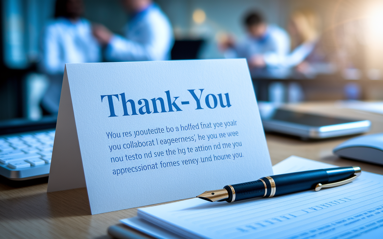 An artistic rendition of a thank-you note neatly placed on a desk, with a fountain pen beside it. The note contains warm text expressing gratitude and eagerness to collaborate, surrounded by soft lighting that evokes a feeling of appreciation and professionalism. A blurred background displays a glimpse of a busy medical office, suggesting the high-energy environment, while enhancing the intimate focus on the note.