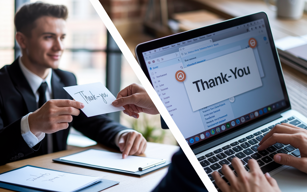 A split-screen image featuring two contrasting scenes: on one side, a young candidate gracefully handing a handwritten thank-you note to an interviewer during a formal meeting, showcasing professionalism; on the other side, a close-up of an email screen displaying a thank-you note being typed with emotional expressions related to enthusiasm and appreciation. Soft focus on both images emphasizing professional communication and relationship-building. The atmosphere feels respectful and sincere.