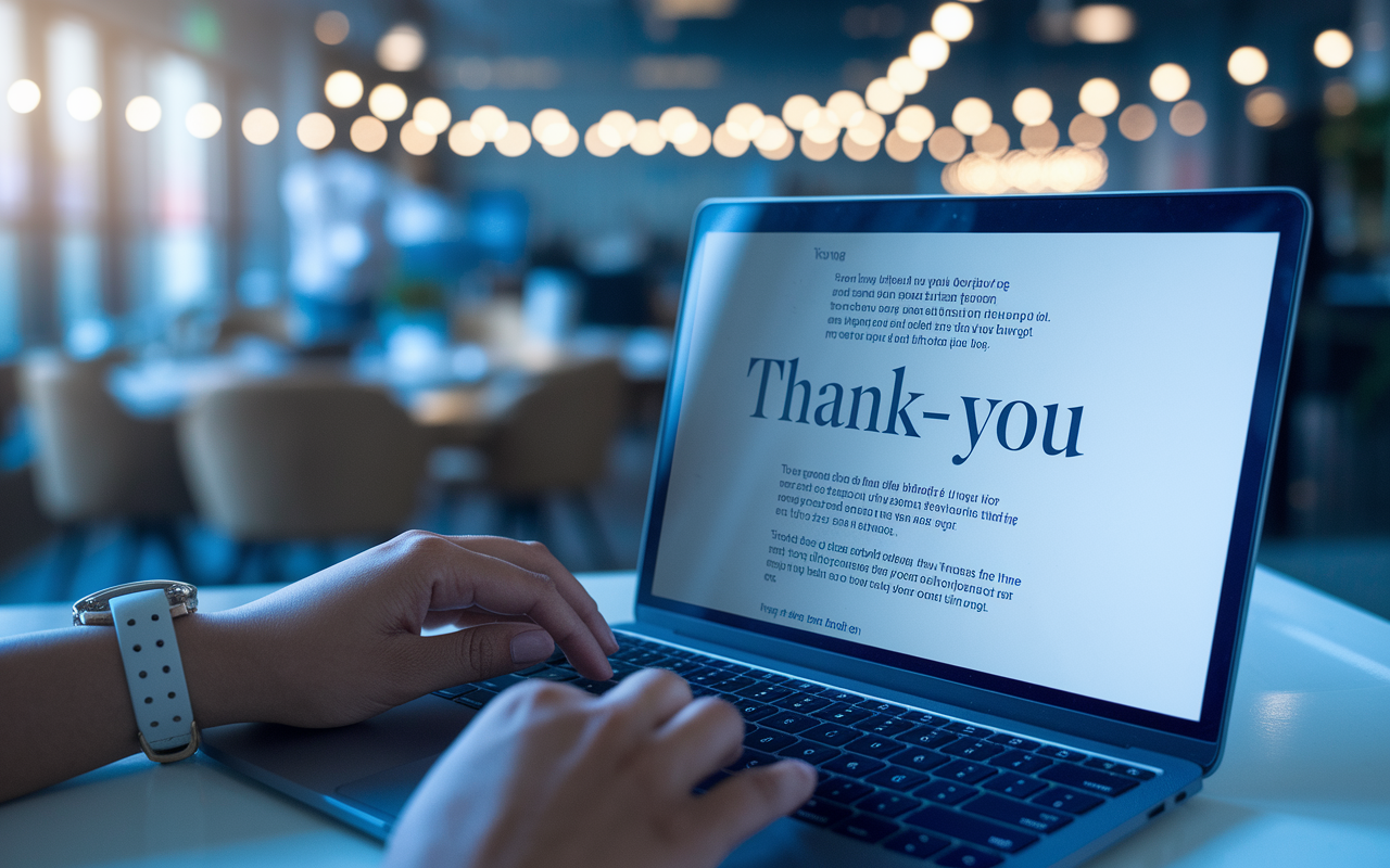 A dynamic view of a person's hands typing a thank-you note on a sleek laptop, with a blurred background depicting a professional environment. The screen displays a well-structured email drafted with clear and warm language. The atmosphere exudes creativity and professionalism, enhanced by soft ambient lighting that reflects a focused and hopeful mood.