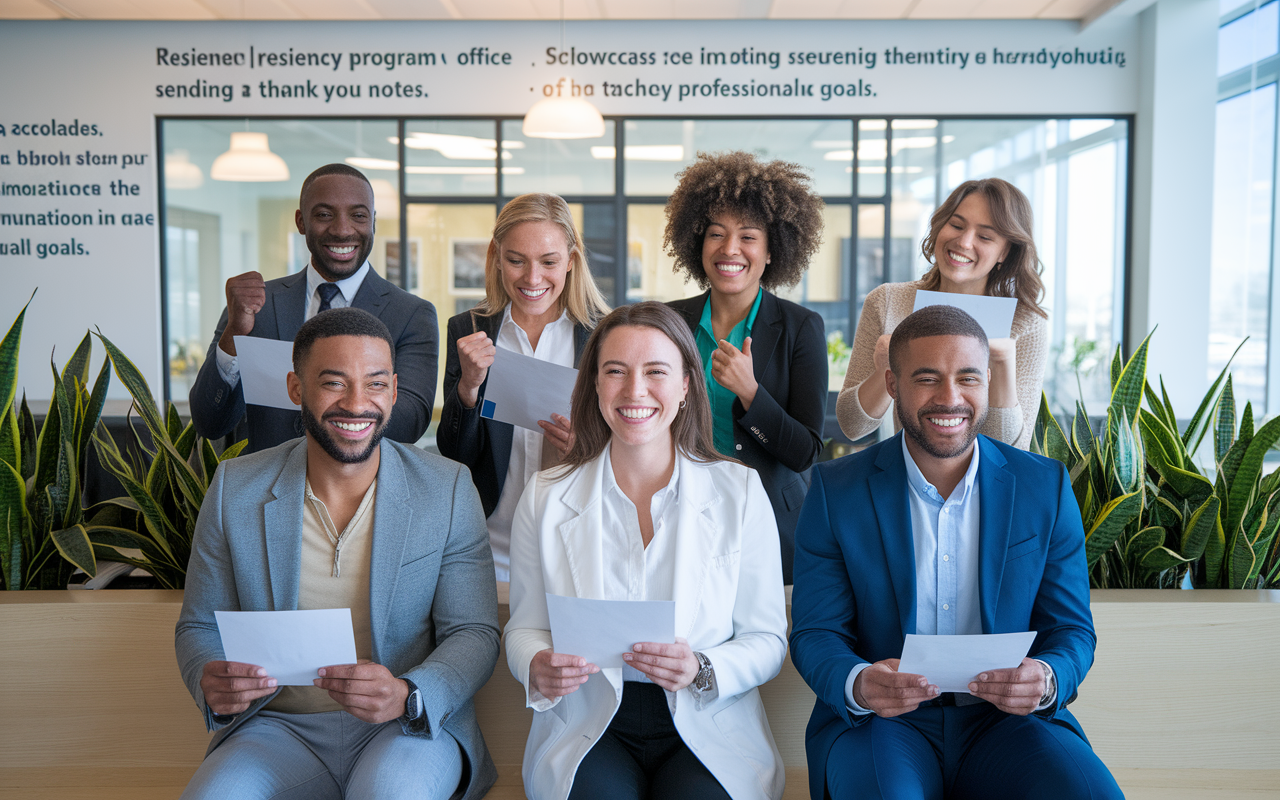 An inspiring, uplifting setting inside a modern medical residency program office, showcasing a candid moment of diverse candidates celebrating after successfully sending their thank-you notes. The atmosphere is bright and positive, with smiles and lighthearted laughter. The decor reflects a blend of professionalism and warmth, featuring academic accolades, potted plants, and inspirational quotes on the walls, indicating the importance of communication in achieving professional goals.