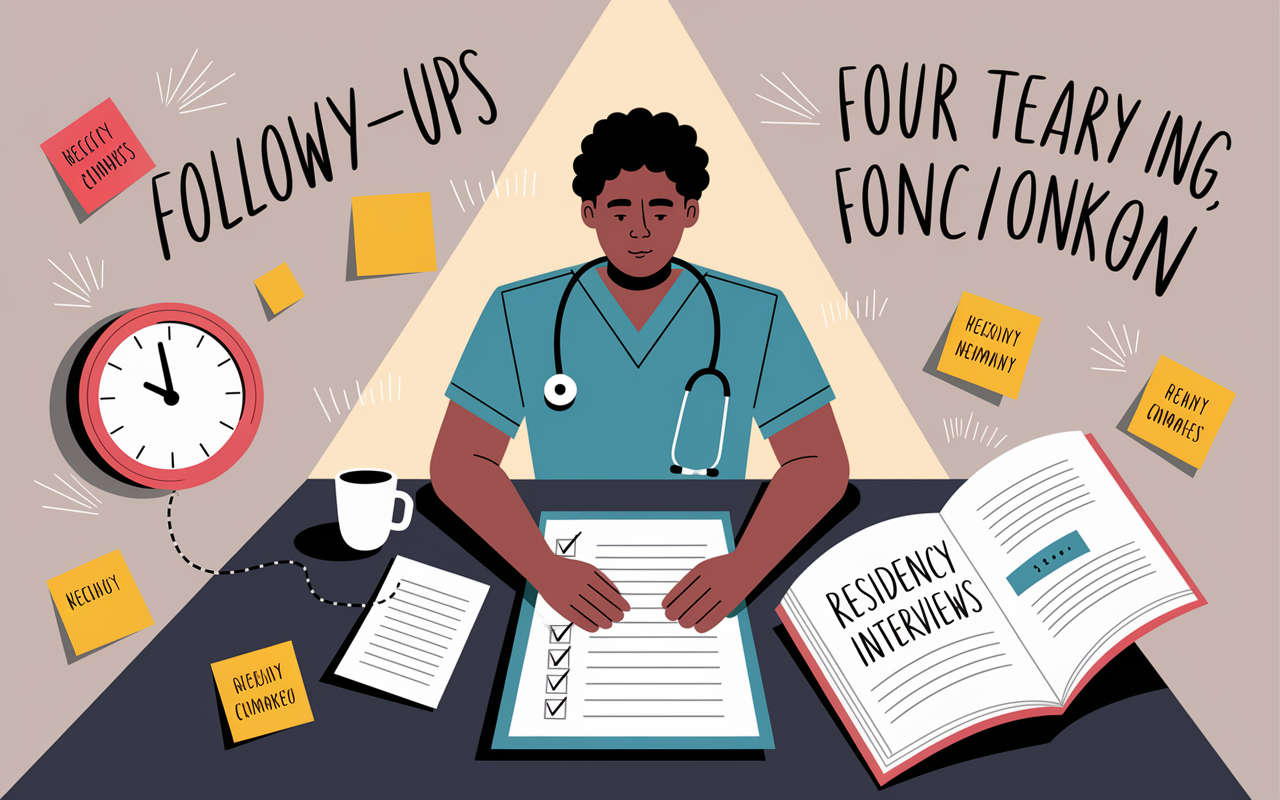 A thoughtful illustration conveying the importance of follow-ups. The image shows a medical candidate seated at a desk looking at a checklist, emphasizing emotions like determination and focus. Surrounding them are visual elements like sticky notes, a clock indicating time management, and an open book titled 'Residency Interviews'. A warm light casts an inviting glow, embodying the proactive spirit of networking and follow-up.