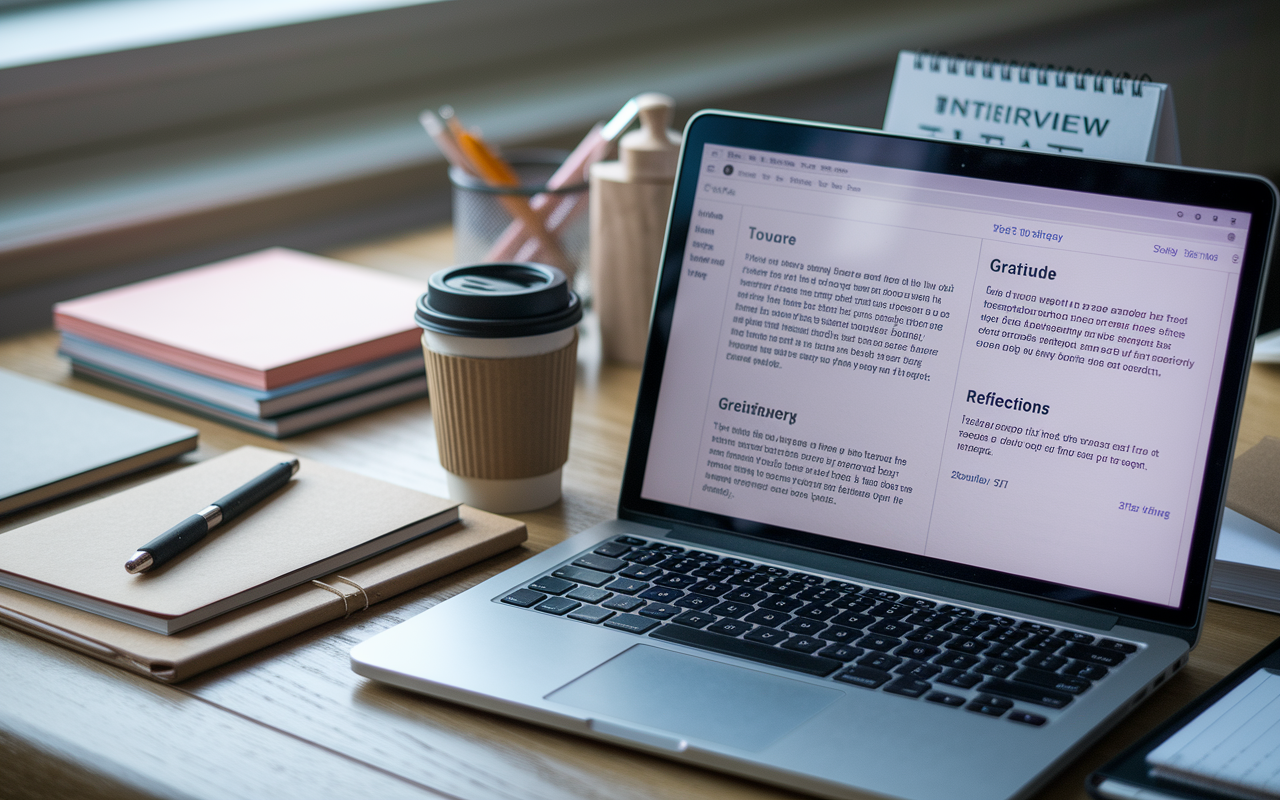 A close-up shot of a laptop screen showing an email draft with a professional tone. The email is organized in clear paragraphs, with sections emphasizing gratitude, interest in the residency program, and personal reflections. The desk around the laptop is neat and professional, featuring stationery, a coffee cup, and a calendar marking interview dates, set in a softly lit room.