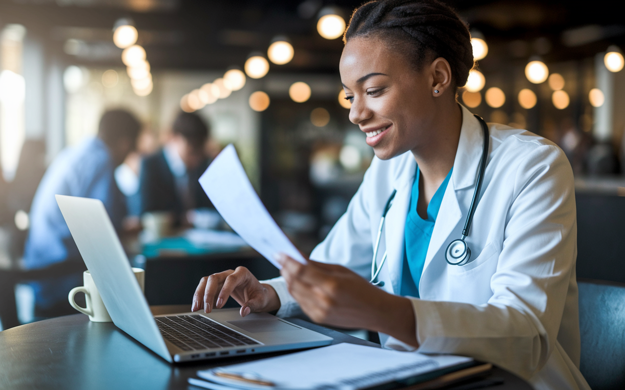 An inviting image of a young medical professional sitting at a coffee shop, reviewing their notes and preparing to send a follow-up email. A laptop is open, with a serene background featuring a blurred ambiance of patrons and soft lighting. The atmosphere reflects determination and optimism, emphasizing the importance of persistence in the residency application process.