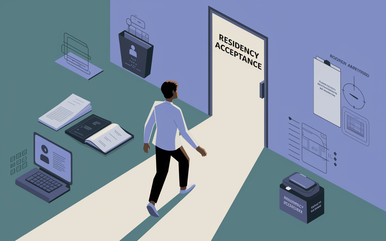 A conceptual art piece showcasing the journey from interview to acceptance. The central figure, a medical candidate, is depicted stepping confidently towards an open door labeled 'Residency Acceptance'. Surrounding them are symbolic items illustrating preparation, professionalism, and resilience, with soft light casting a hopeful glow. This image captures the proactive nature of following up in the competitive field of medicine.